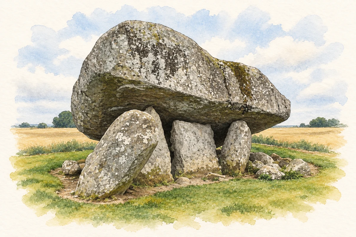 Watercolour and fine ink illustration of Brownshill Portal Tomb, County Carlow in County Carlow.