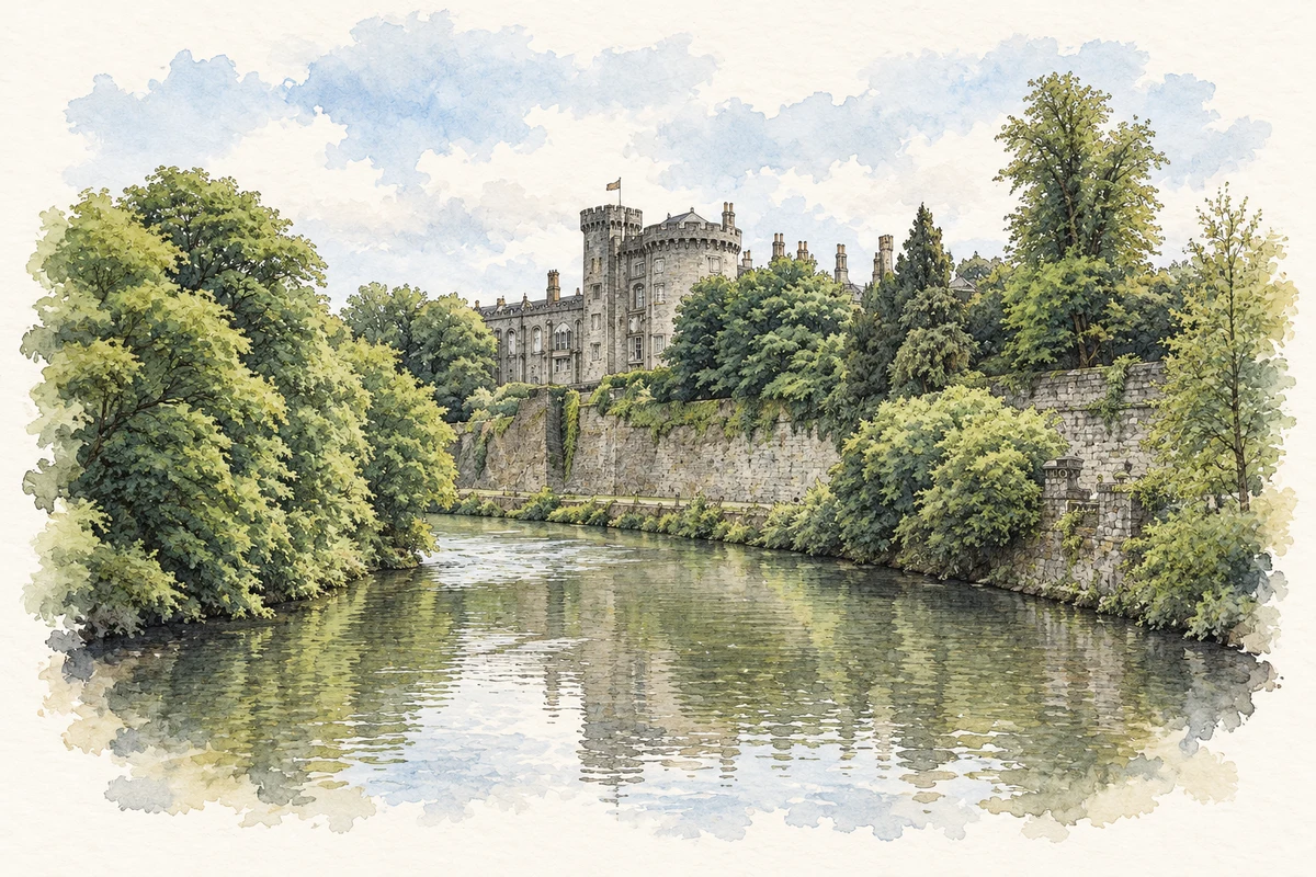 Watercolour and fine ink illustration of Kilkenny Castle and the River Nore in County Kilkenny.