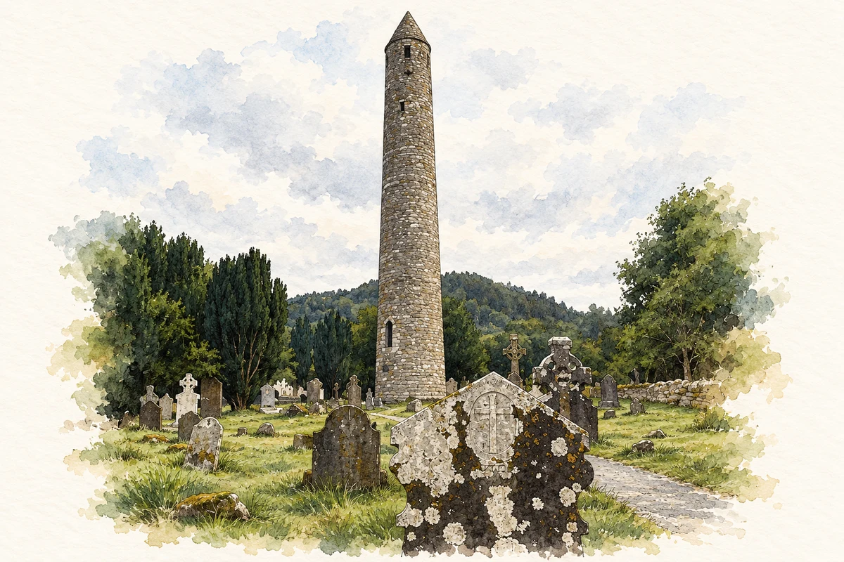 Watercolour and fine ink illustration of Glendalough Round Tower, County Wicklow in County Wicklow.
