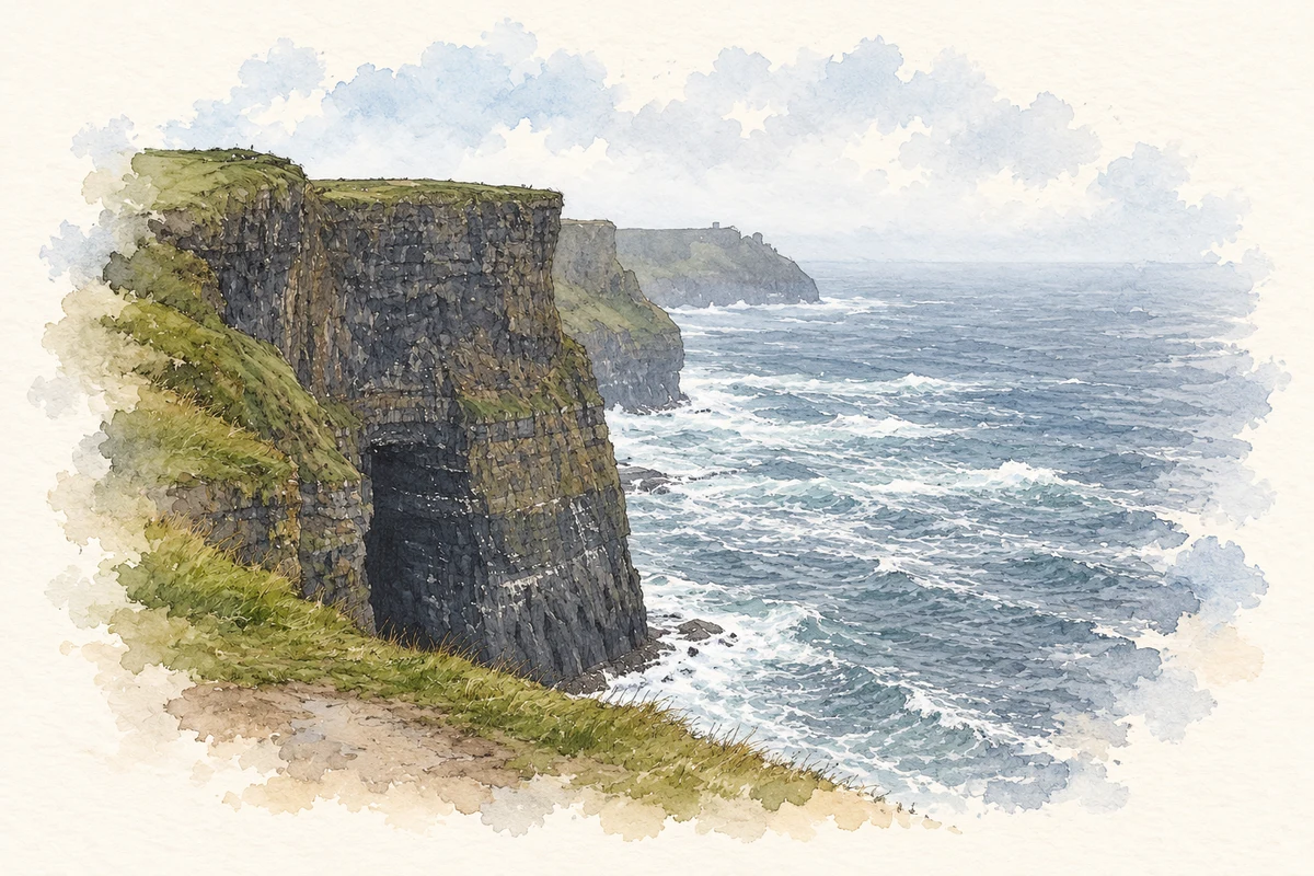 Watercolour and fine ink illustration of Cliffs of Moher, County Clare in County Clare.