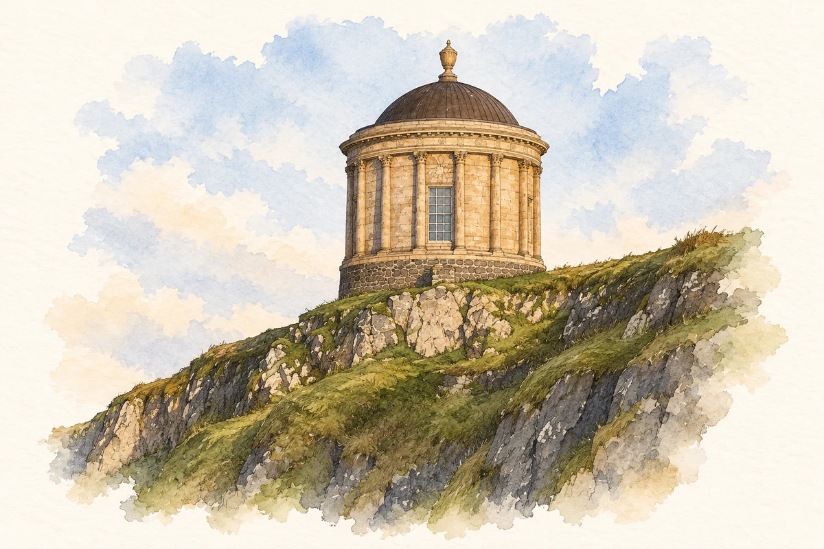 Watercolour and fine ink illustration of Mussenden Temple, County Derry in County Derry.