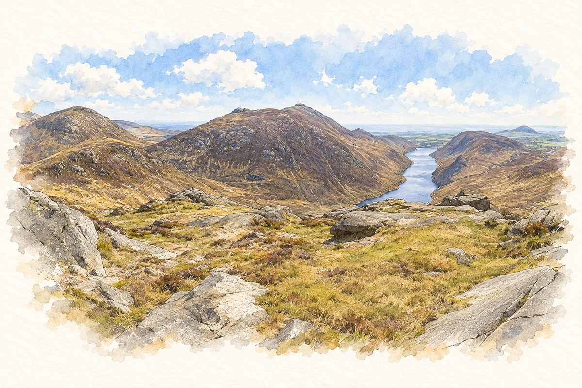 Watercolour and fine ink illustration of Silent Valley and the Mourne Mountains from Doan in County Down.