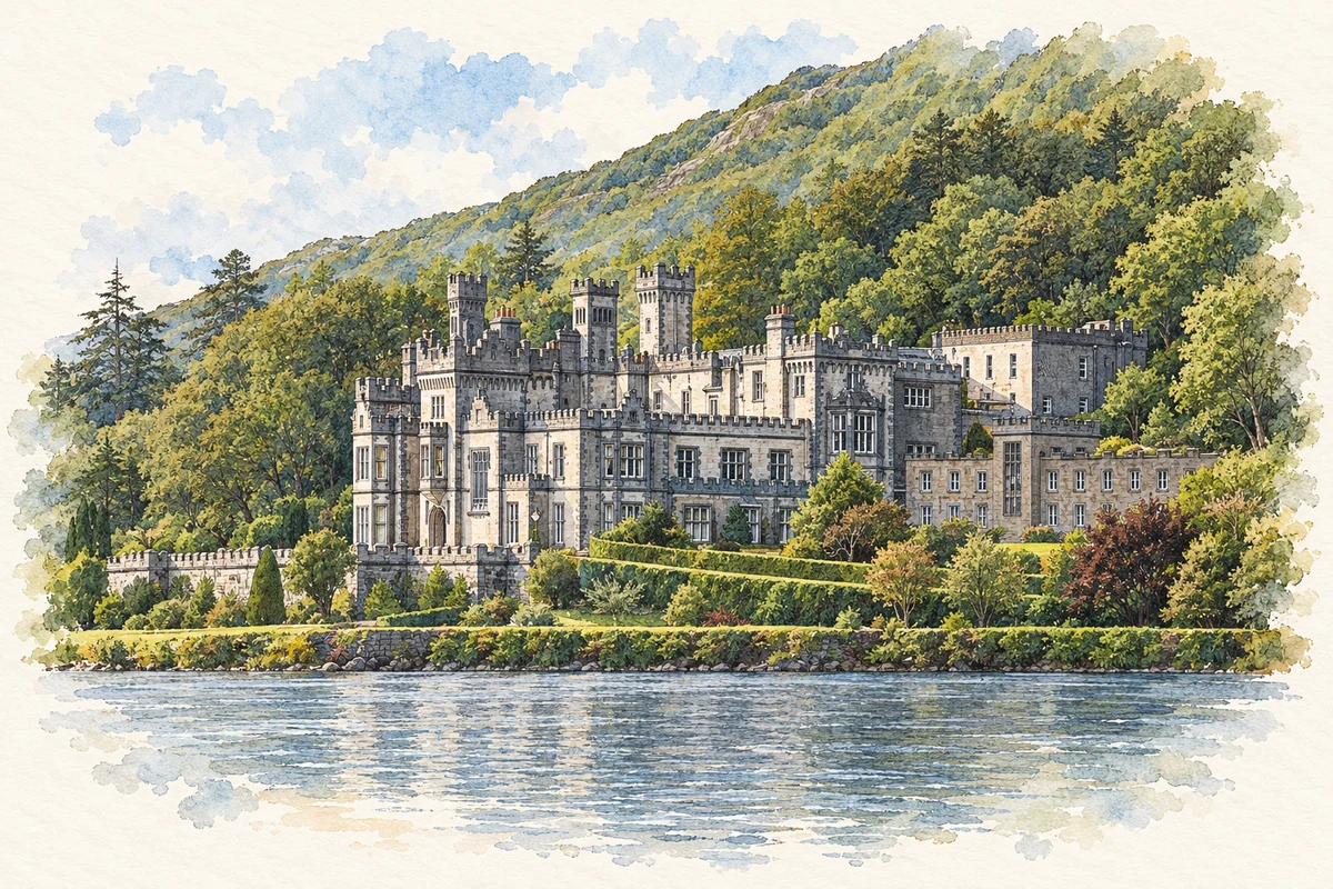 Watercolour and fine ink illustration of Kylemore Abbey and Pollacappul Lough in County Galway.