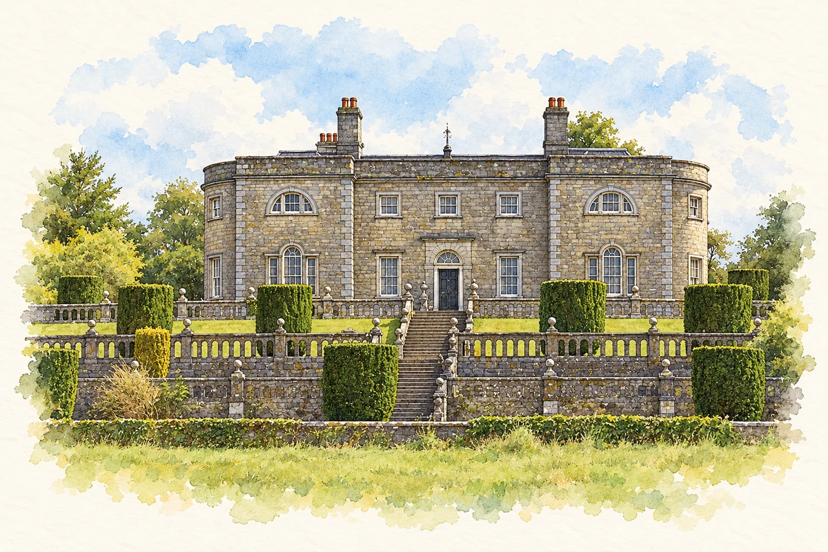 Watercolour and fine ink illustration of Belvedere House, County Westmeath in County Westmeath.