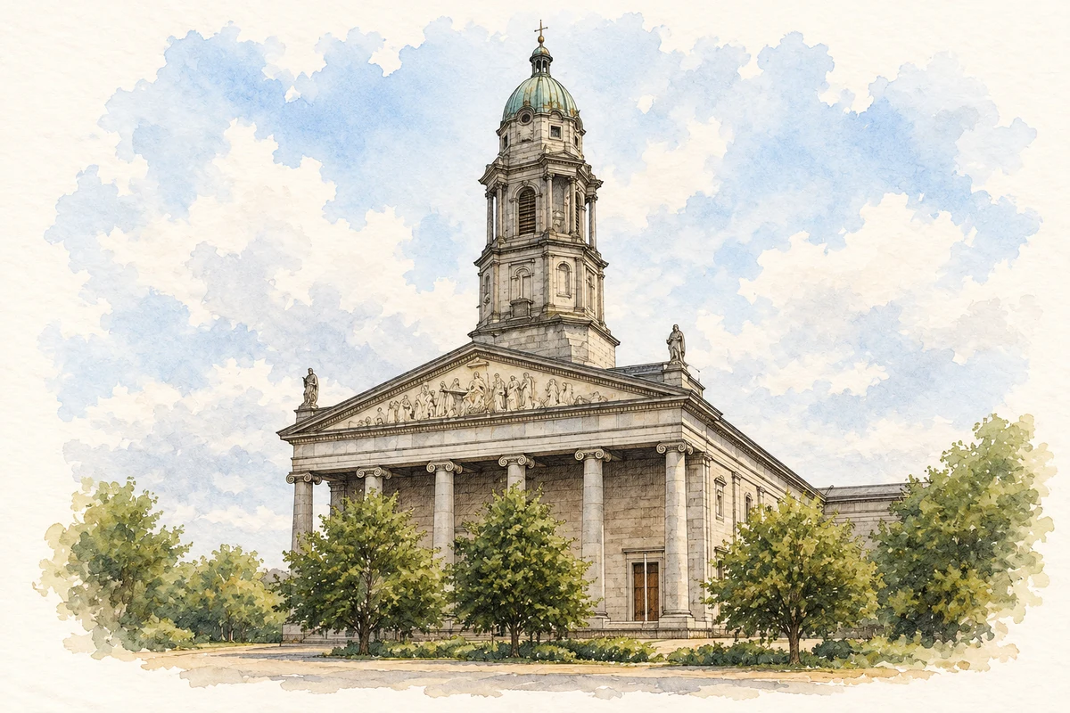 Watercolour and fine ink illustration of St Mel’s Cathedral, Longford in County Longford.