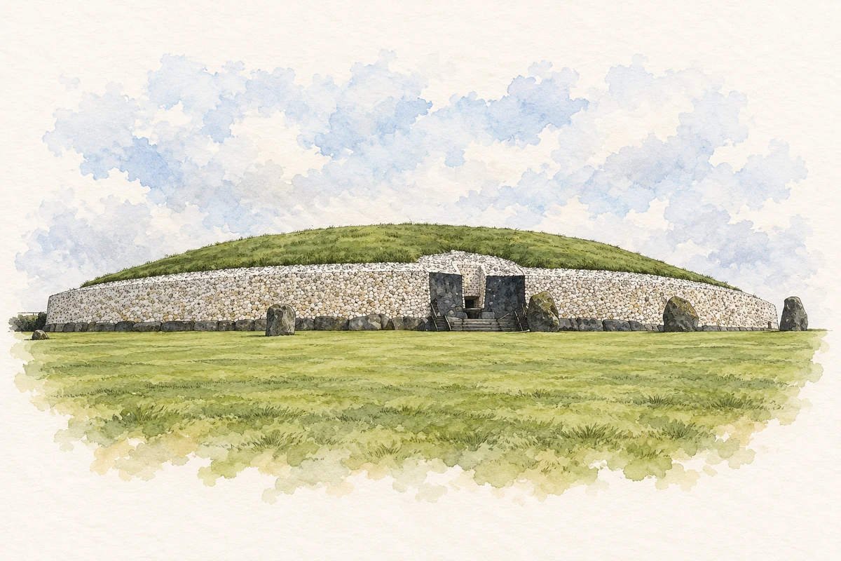 Watercolour and fine ink illustration of Newgrange, restored exterior, County Meath in County Meath.