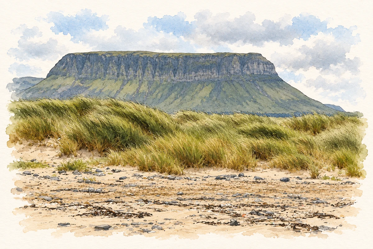 Watercolour and fine ink illustration of Benbulben from Streedagh Point, County Sligo in County Sligo.