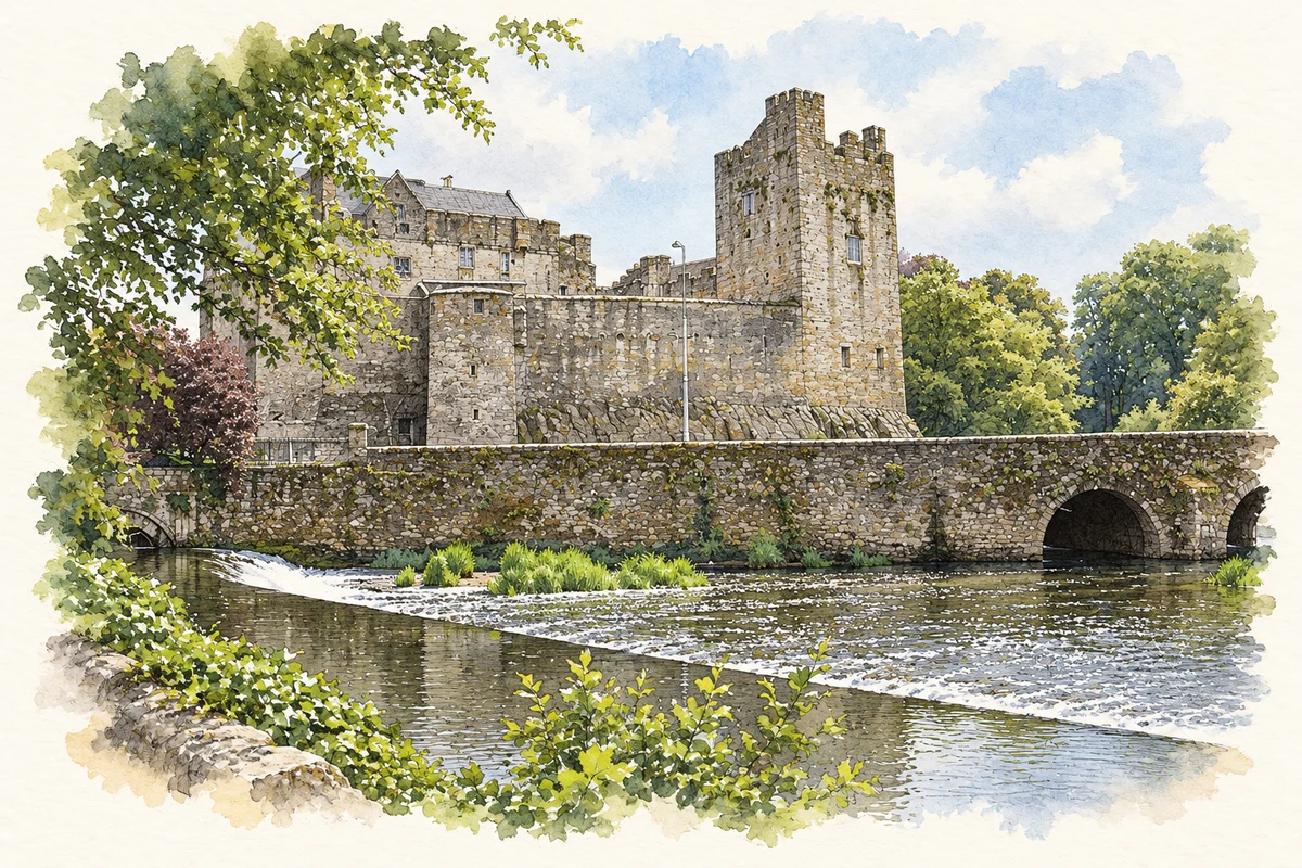 Watercolour and fine ink illustration of Cahir Castle beside the River Suir in County Tipperary.