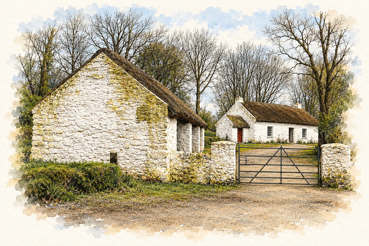 Watercolour and fine ink illustration of Mellon homestead at the Ulster American Folk Park in County Tyrone.
