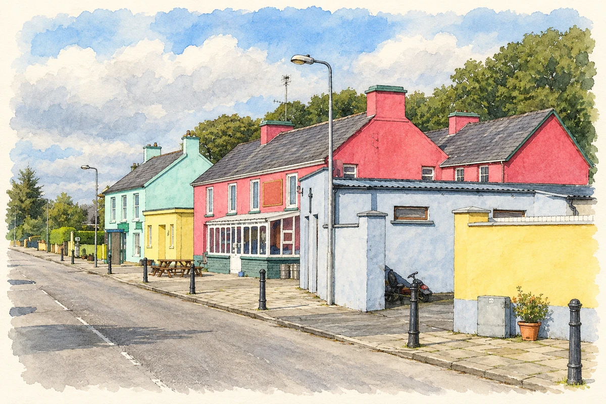 Watercolour and fine ink illustration of The village street at Kishkeam, as photographed in 2006.