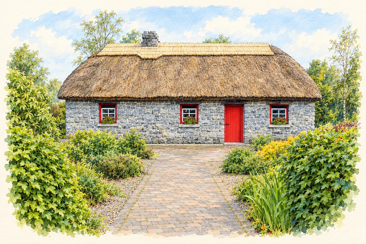 Watercolour and fine ink illustration of Dick Dowling heritage cottage, Milltown, County Galway.