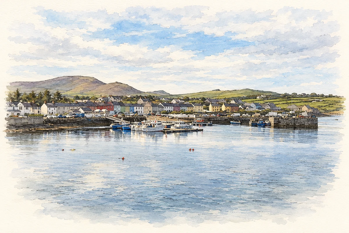 Watercolour and fine ink illustration of Portmagee harbour and waterfront, County Kerry.