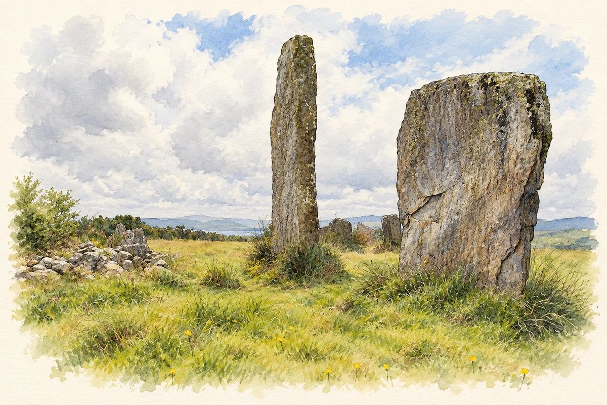 Watercolour and fine ink illustration of Standing stones beside Kealkill stone circle, as photographed in 2009.