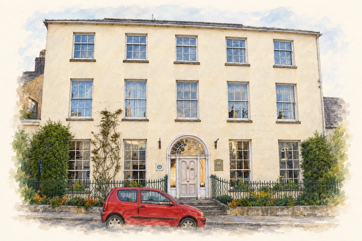 Watercolour and fine ink illustration of Kilbrogan House at Bandon, as photographed in 2010.