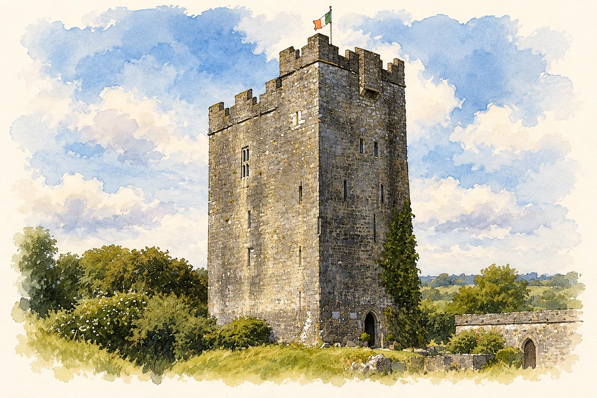 Watercolour and fine ink illustration of Dysert O'Dea Castle, near Dysert, County Clare.