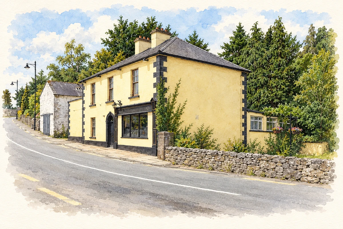 Watercolour and fine ink illustration of The Abbey Bar, Fenagh, County Leitrim.