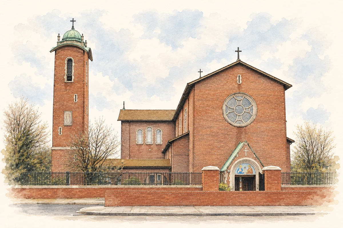Watercolour and fine ink illustration of Church of the Holy Child, Whitehall, Dublin.