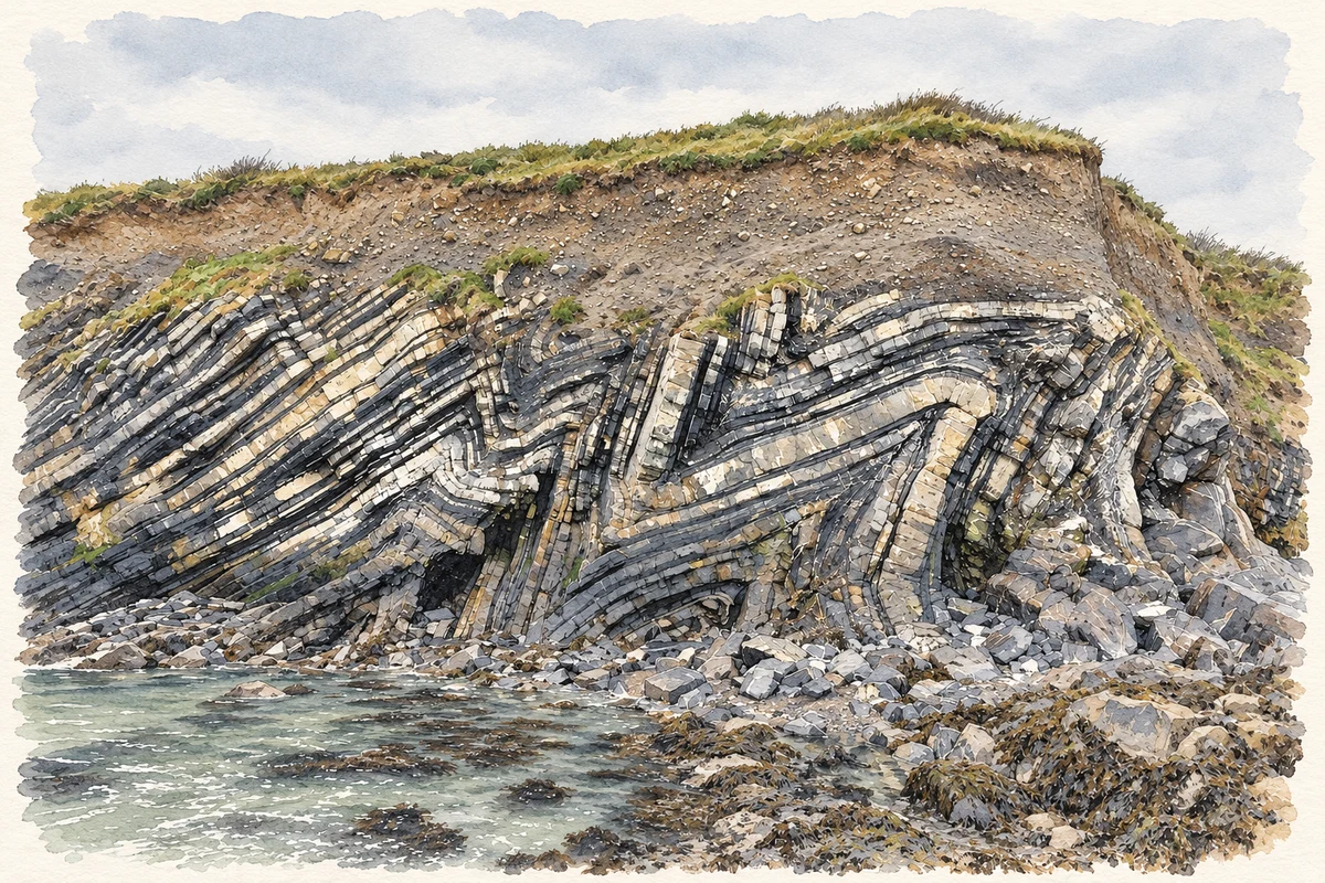 Watercolour and fine ink illustration of Folded coastal rocks at Loughshinny.
