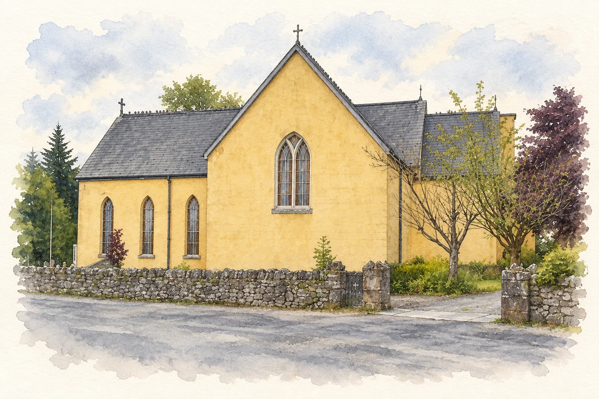 Watercolour and fine ink illustration of Saint John the Baptist Church, Meelick.