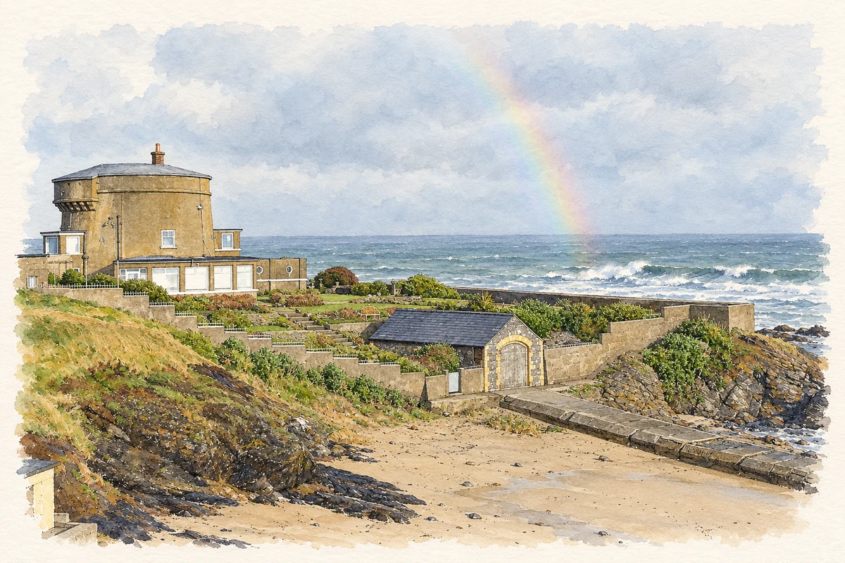 Watercolour and fine ink illustration of Martello tower, Portraine, County Dublin.