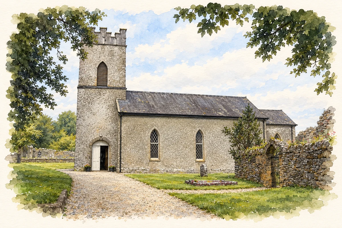 Watercolour and fine ink illustration of St James's Church of Ireland, Stradbally, County Waterford.
