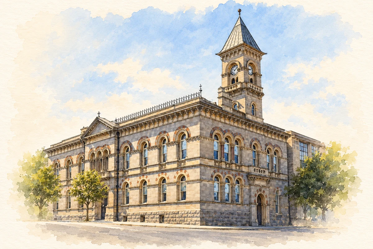 Watercolour and fine ink illustration of Dún Laoghaire Town Hall, County Dublin.