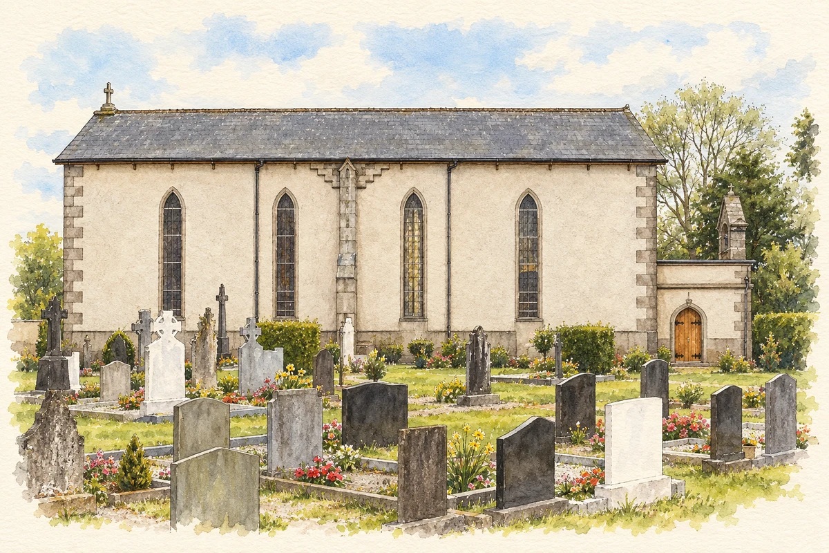 Watercolour and fine ink illustration of Murntown Catholic church and graveyard in Murntown.