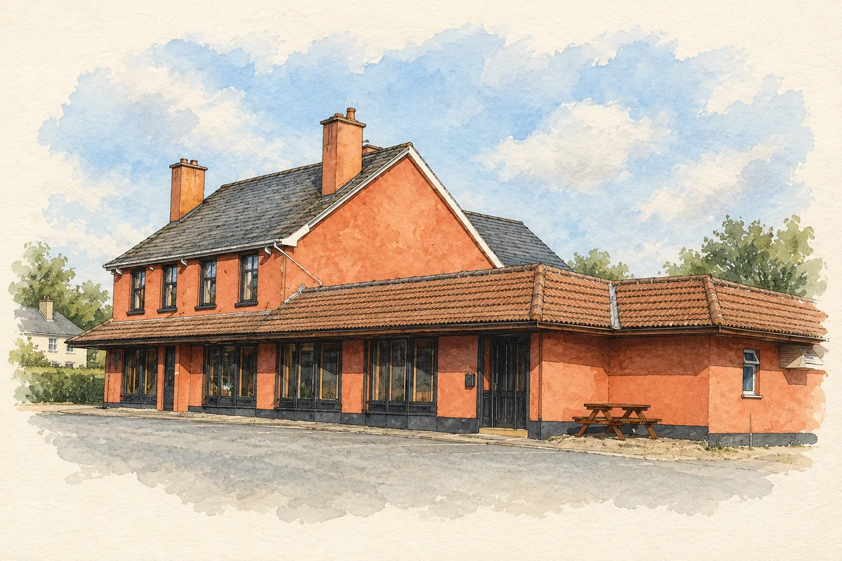 Watercolour and fine ink illustration of Kinnevey’s pub, Rosscahill in Rosscahill.