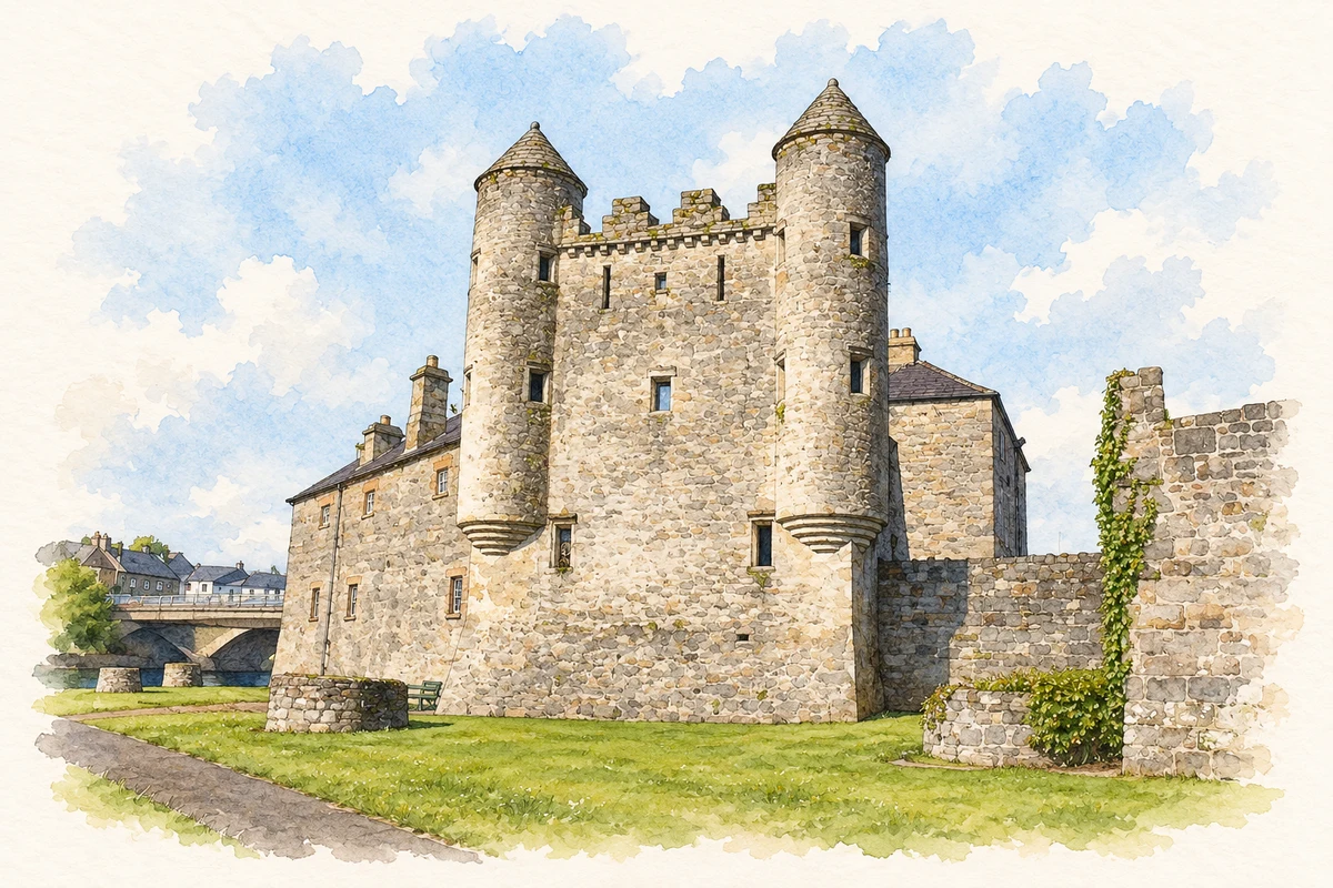Watercolour and fine ink illustration of Enniskillen Castle Watergate in Enniskillen.