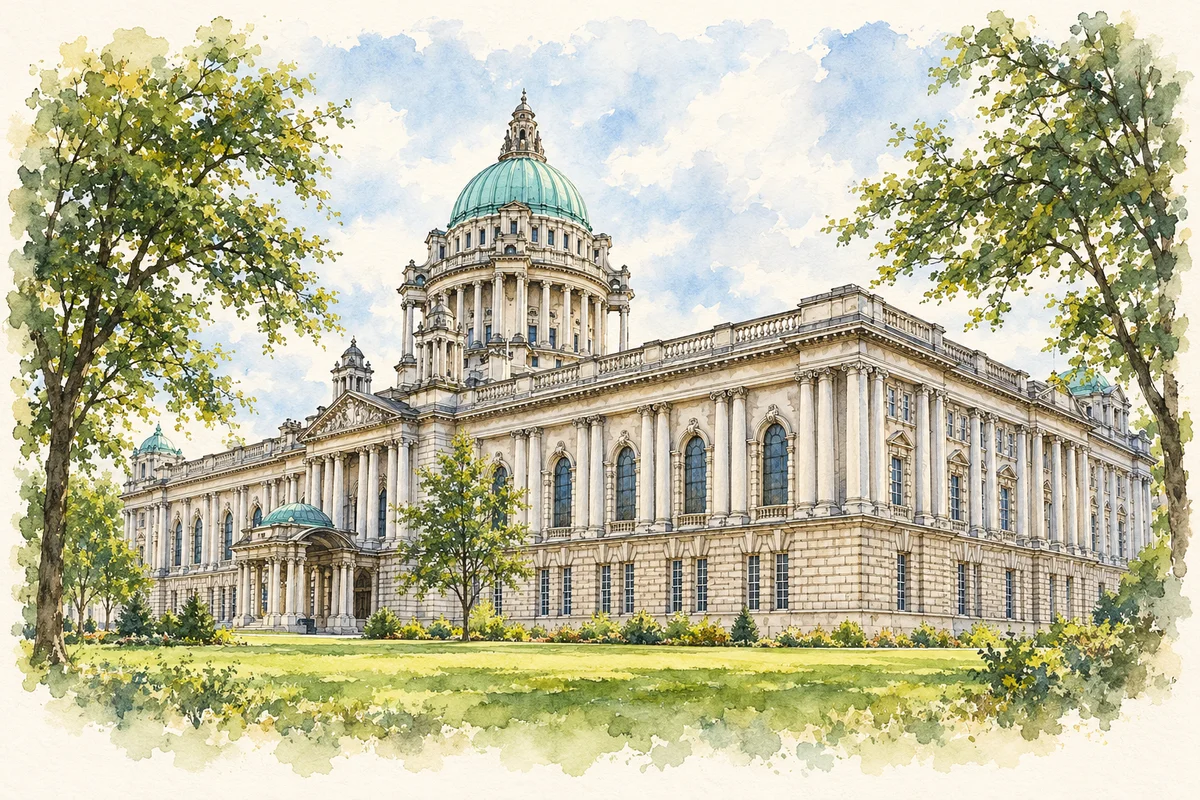 Watercolour and ink illustration of Belfast City Hall, showing its copper dome, Portland-stone facade and lawns.