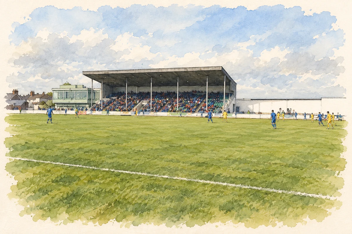 Watercolour and fine ink illustration of Markets Field stadium, Garryowen, Limerick.