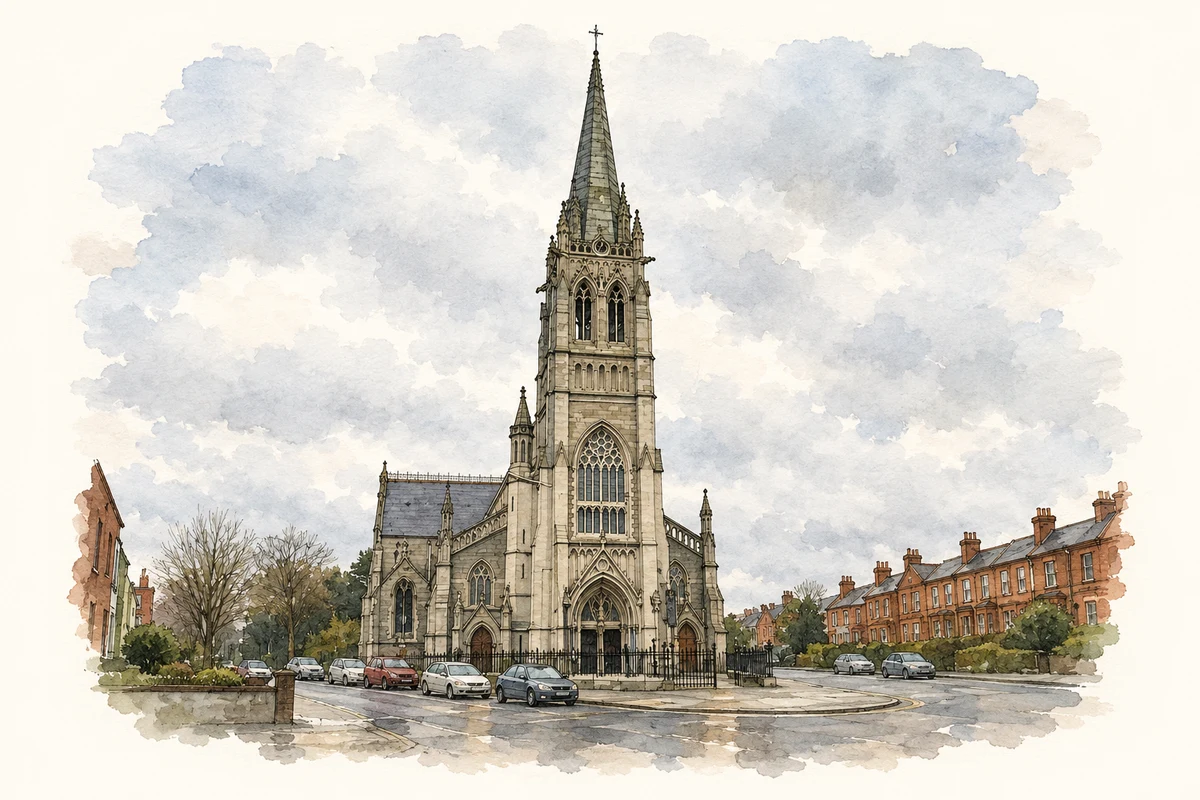 Watercolour and fine ink illustration of St Peter's Church, Phibsborough, Dublin.