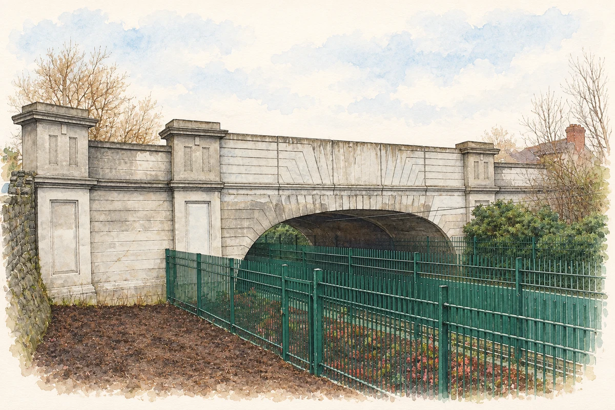 Watercolour and fine ink illustration of Rialto Bridge, Dublin.