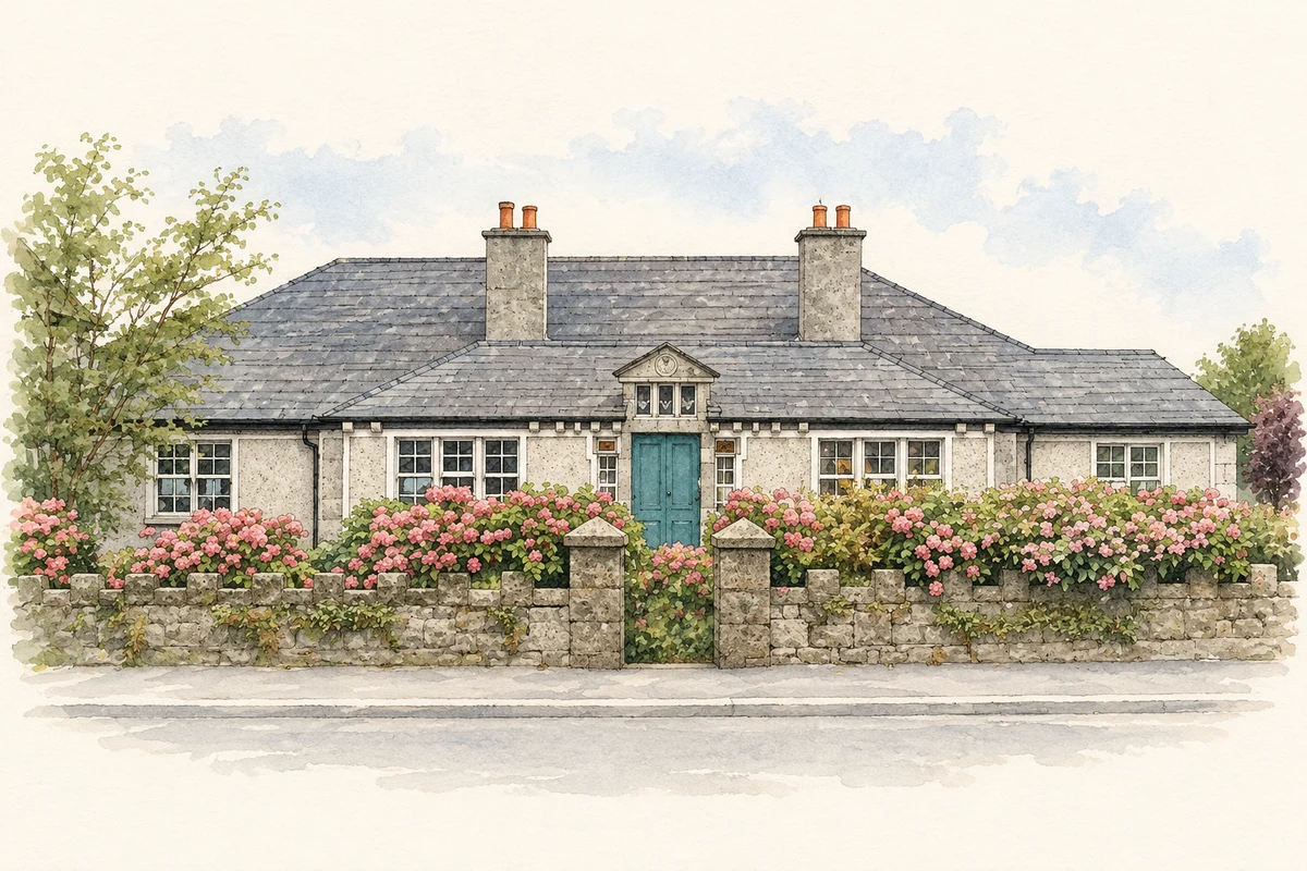 Watercolour and fine ink illustration of Sandyford Community Centre, former Carnegie library, County Dublin.