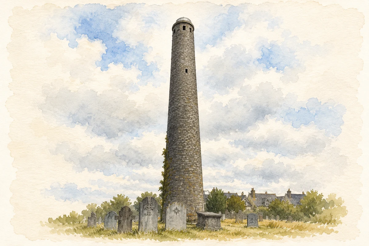 Watercolour and fine ink illustration of Saint Canice's Round Tower, Irishtown, Kilkenny.
