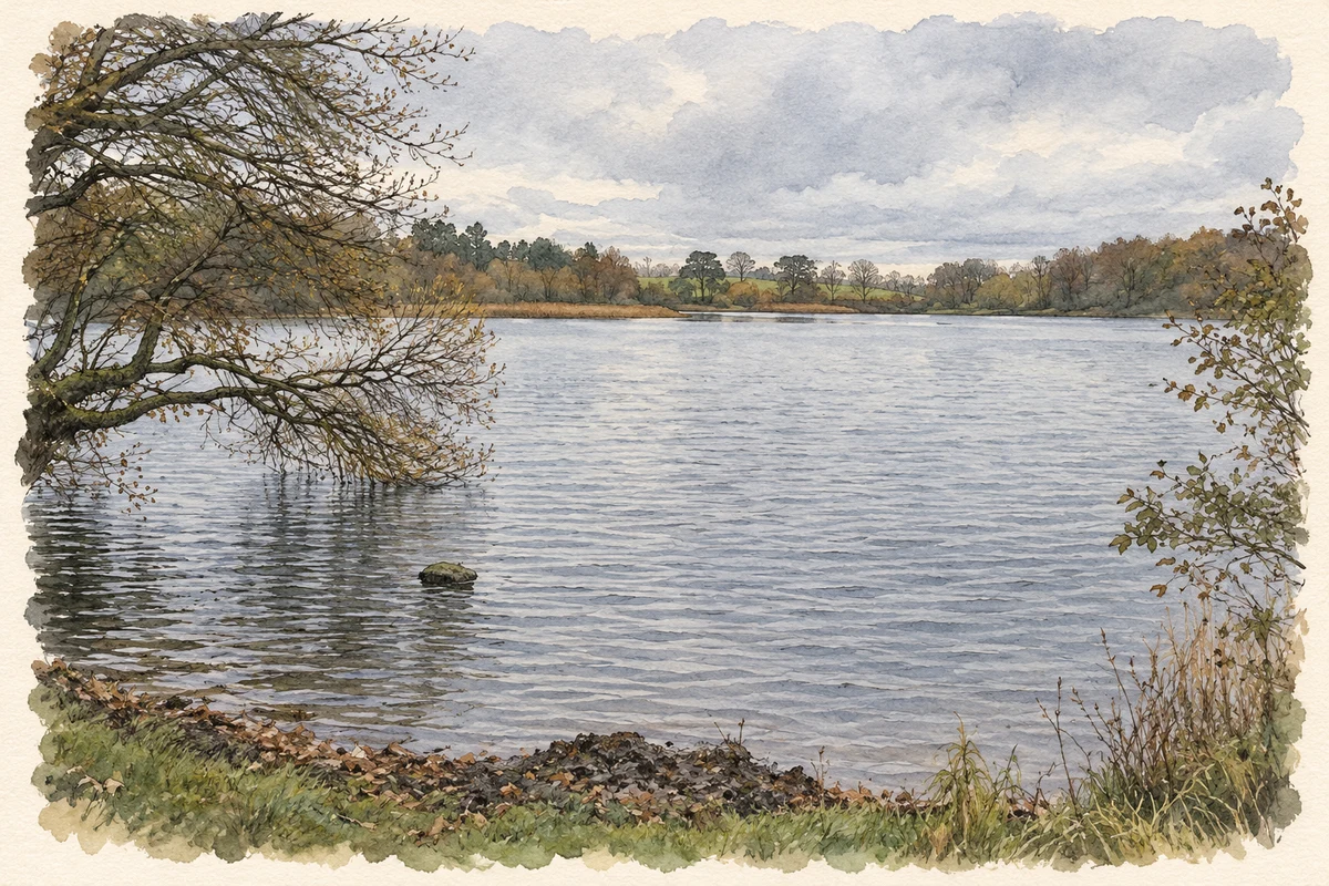 Watercolour and fine ink illustration of Enagh Lough, near Strathfoyle.