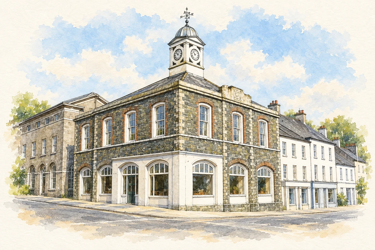 Watercolour and fine ink illustration of Banbridge Market House in Banbridge, showing its complete visible architectural silhouette.