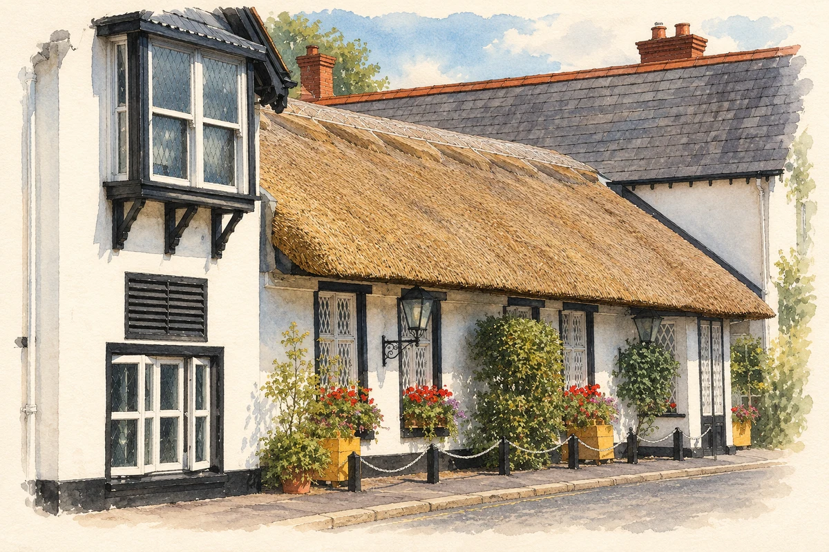 Watercolour and fine ink illustration of Thatched frontage of the Old Inn, Crawfordsburn.