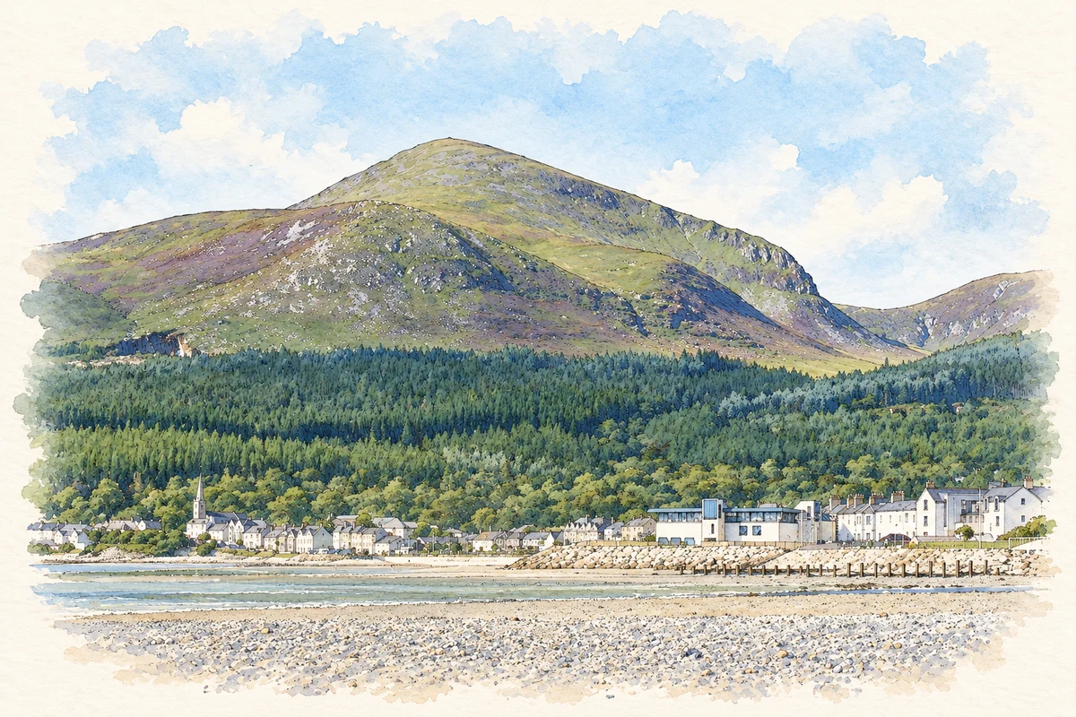 Watercolour and fine ink illustration of Newcastle beach beneath Slieve Donard in Newcastle.