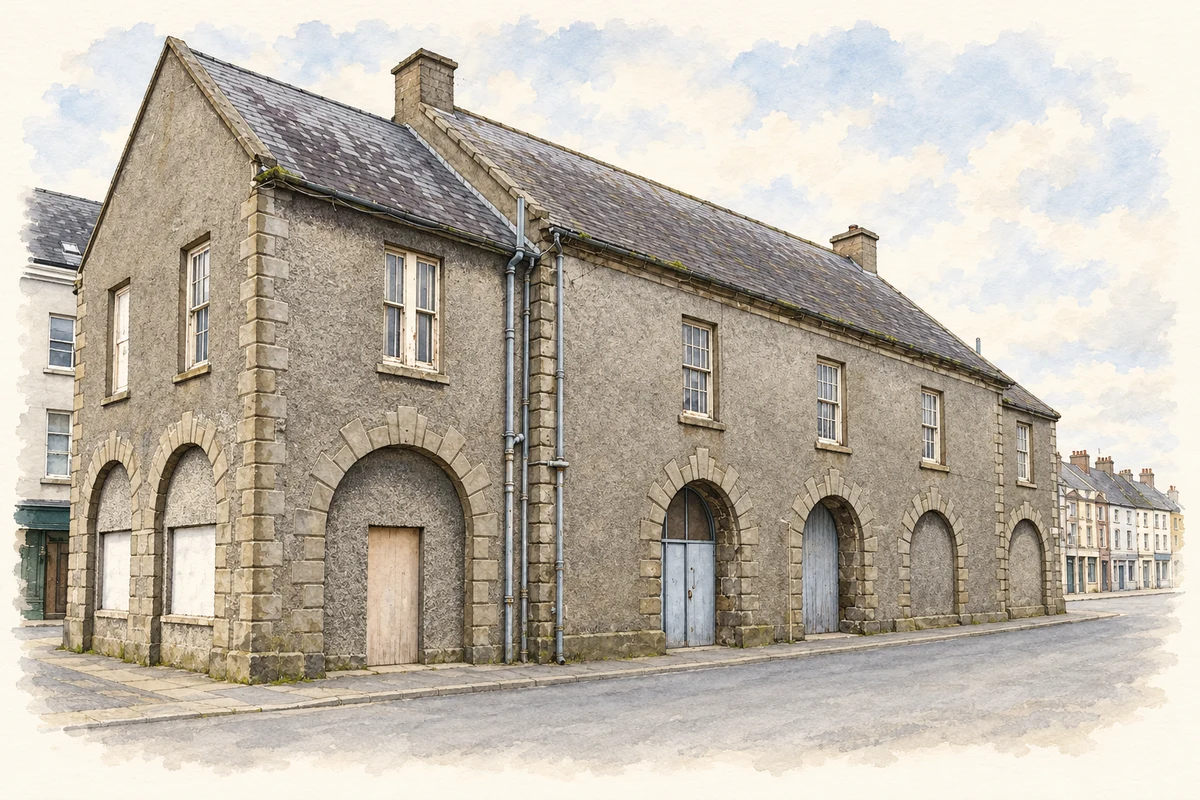 Watercolour and fine ink illustration of The Market Hall, Rathfriland, County Down.
