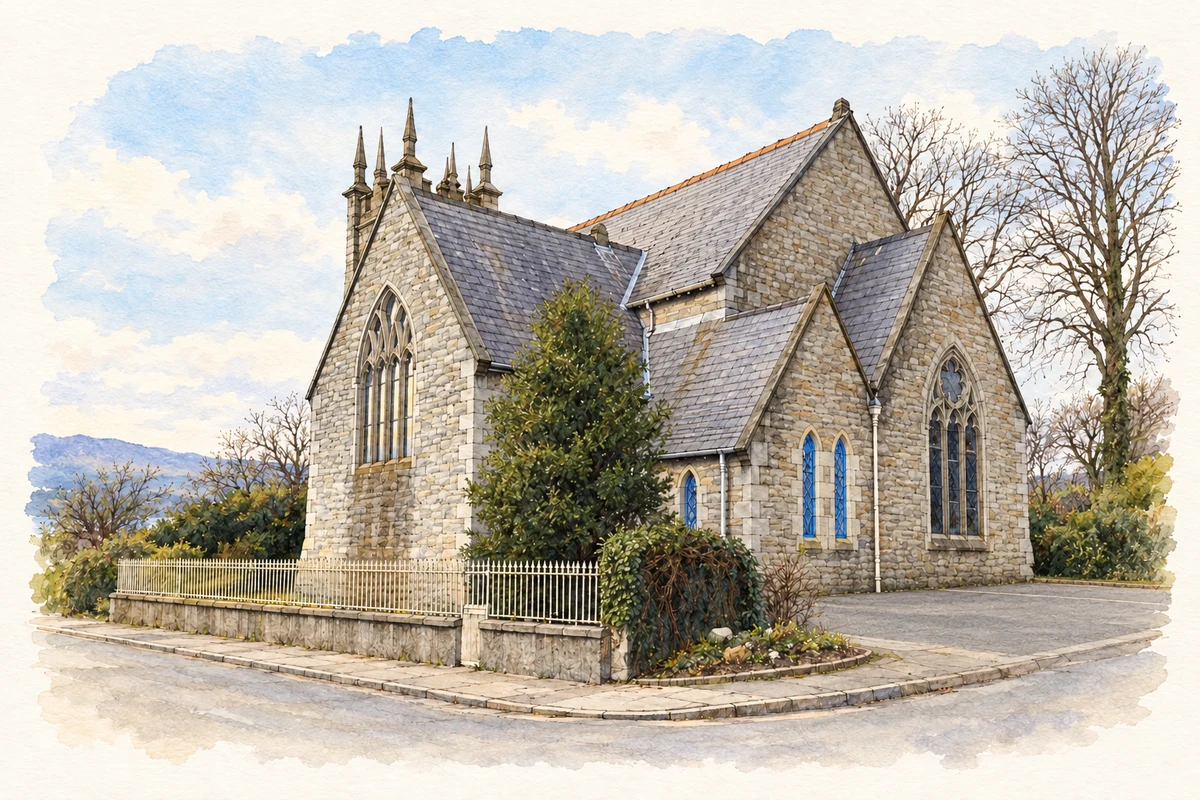 Watercolour and fine ink illustration of Kilbroney Parish Church, Rostrevor.