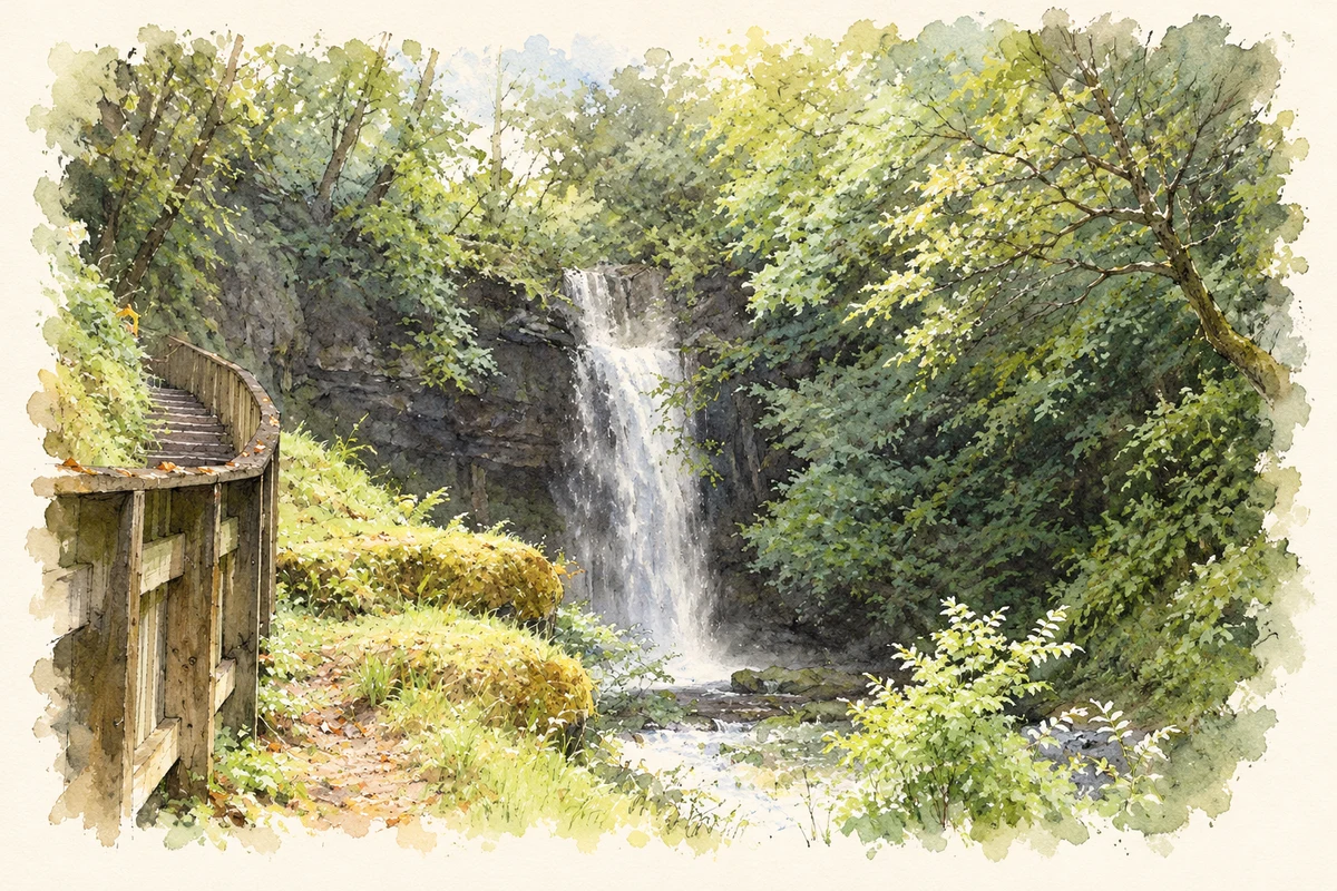 Watercolour and fine ink illustration of Glencar Waterfall, County Leitrim.