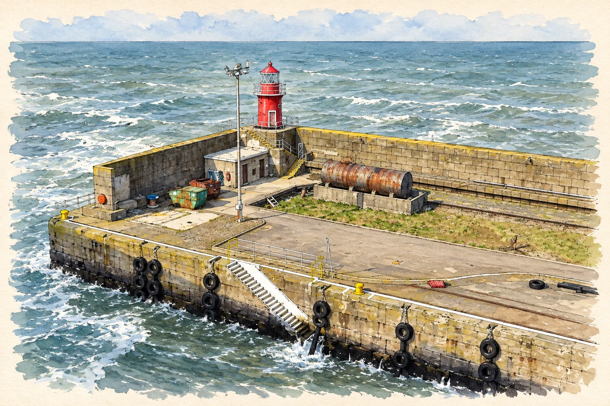 Watercolour and fine ink illustration of Rosslare Harbour lighthouse and breakwater.