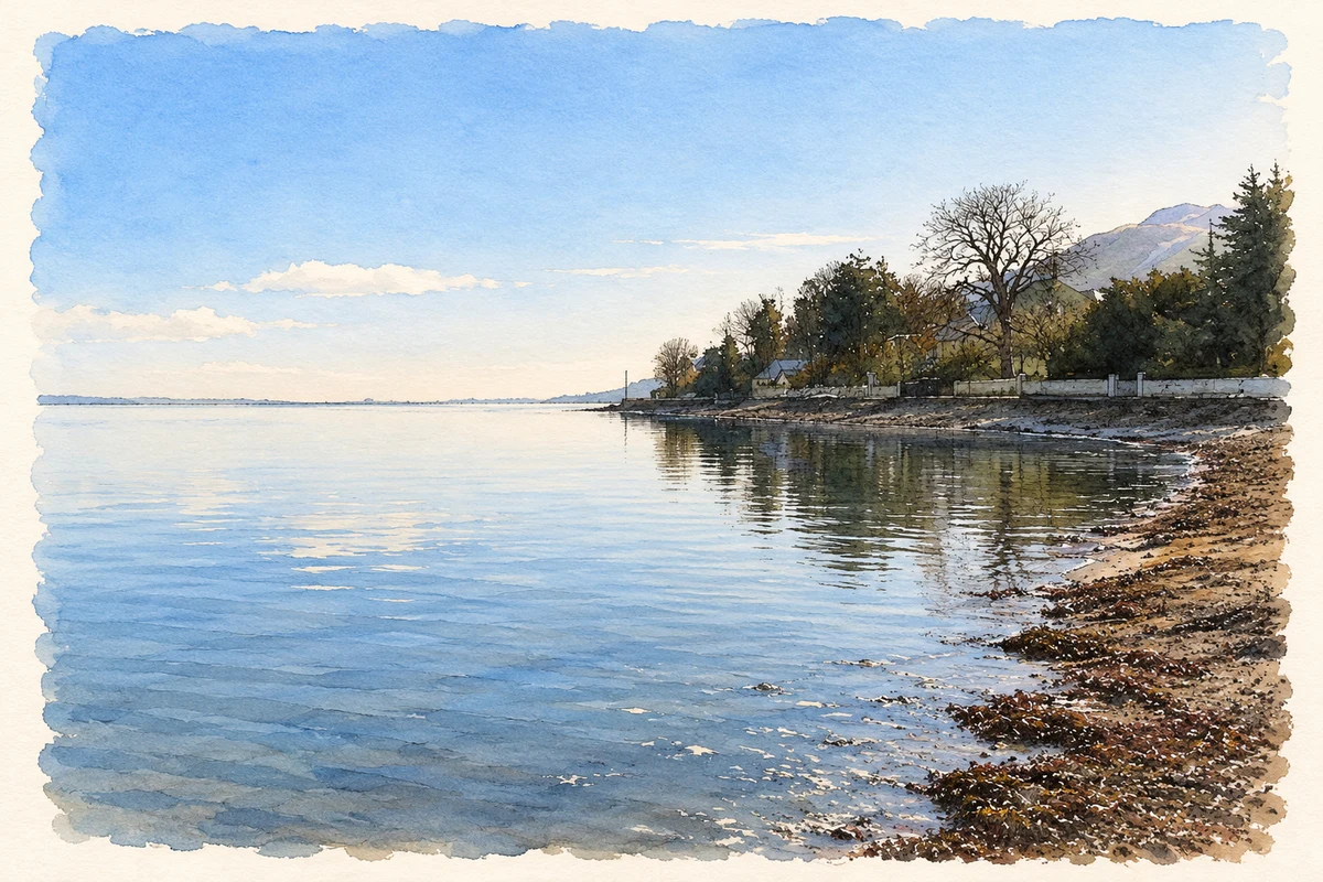 Watercolour and fine ink illustration of Carlingford Lough foreshore, Omeath.