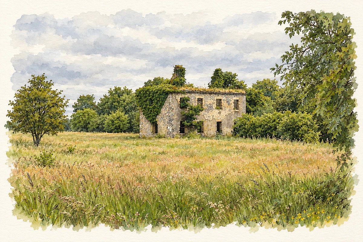 Watercolour and fine ink illustration of Surviving ruins of Neale House, The Neale, County Mayo.