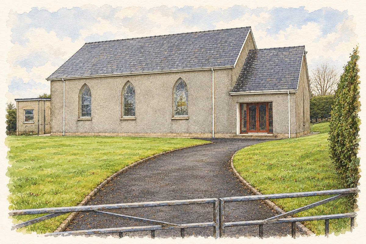 Watercolour and fine ink illustration of Covenanters Memorial Free Presbyterian Church, Victoria Bridge, County Tyrone.