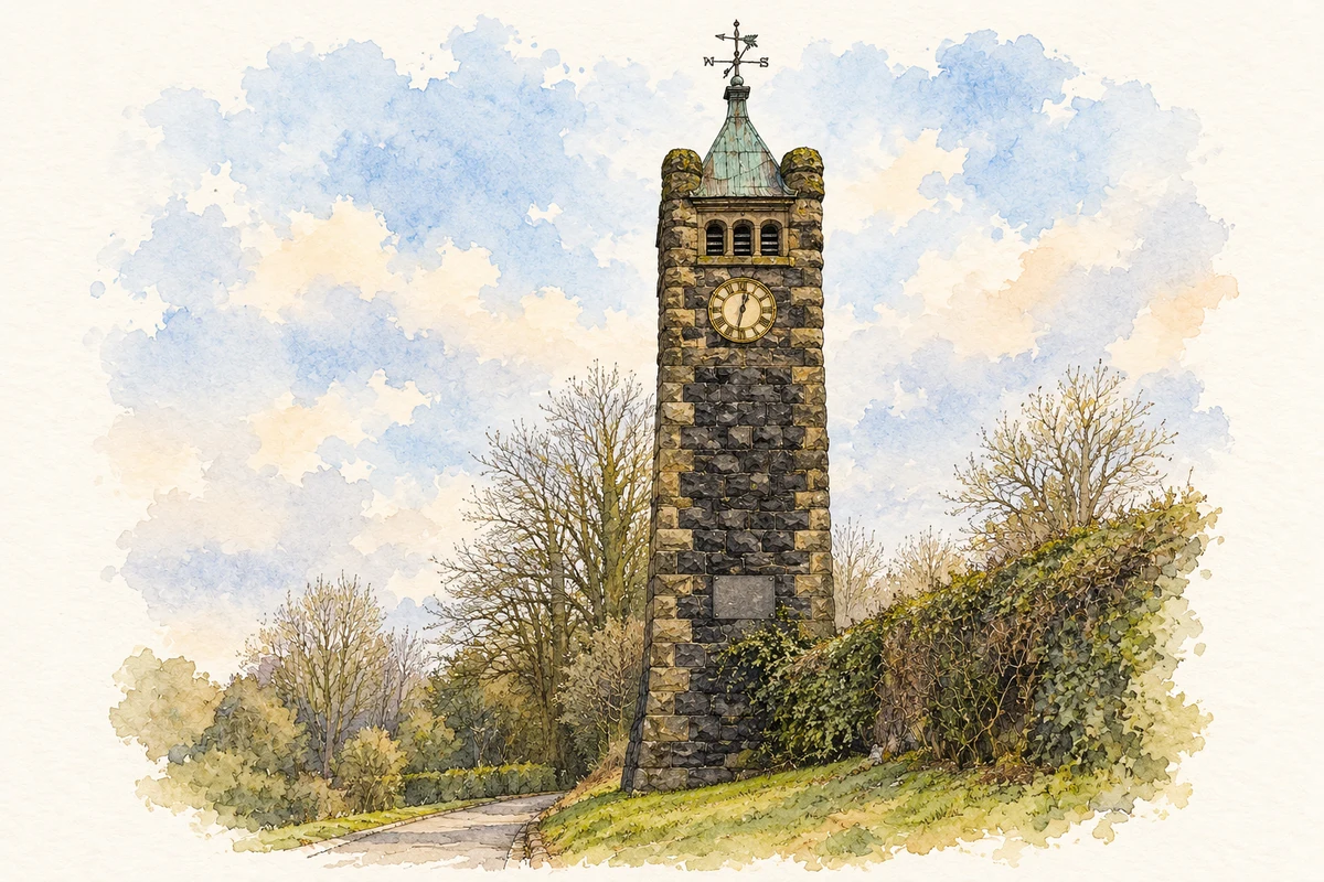 Watercolour and fine ink illustration of Pakenham Memorial clock tower, Crumlin, County Antrim in Crumlin.