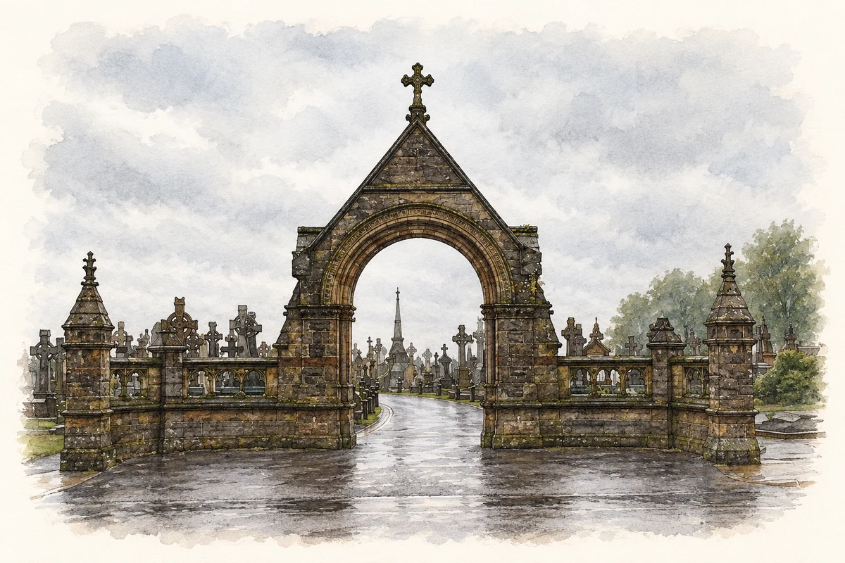 Watercolour and fine ink illustration of Milltown Cemetery entrance, Belfast, County Antrim.