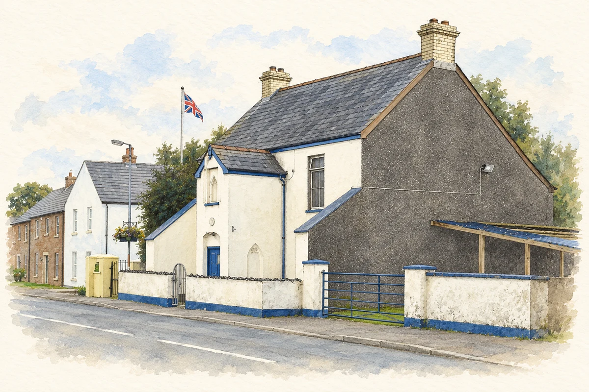 Watercolour and fine ink illustration of Stoneyford Orange Hall, County Antrim.