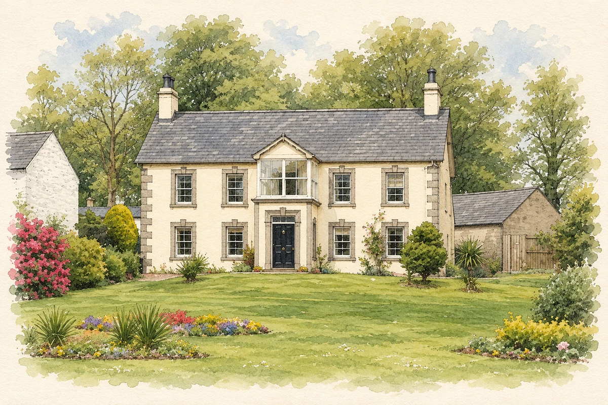 Watercolour and fine ink illustration of Sentry Hill Historic House in Newtownabbey, showing its complete visible architectural silhouette.